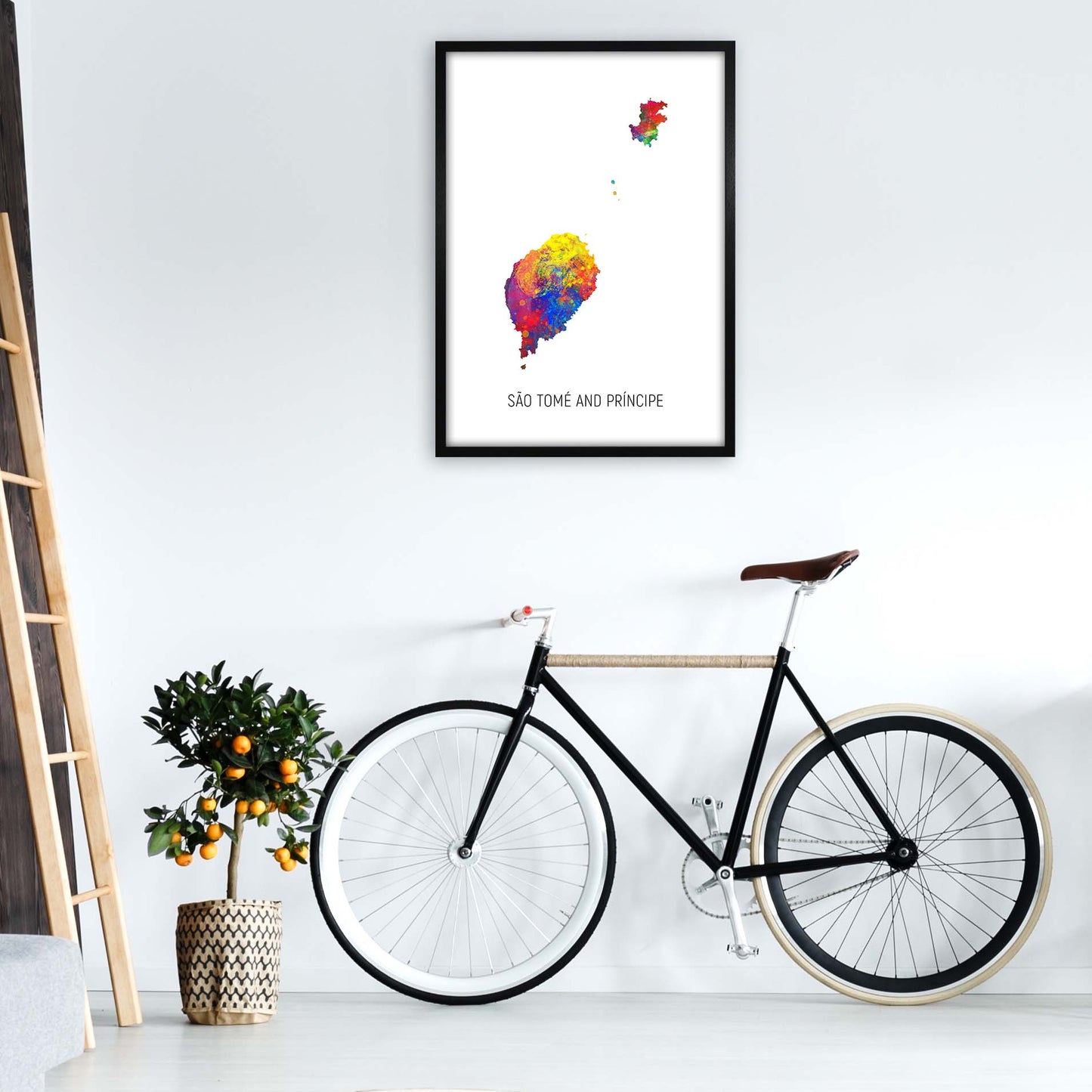 Sao Tome And Principe Watercolour Map  by Michael Tompsett A1 White Frame
