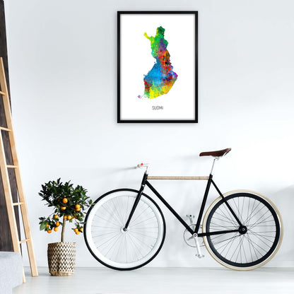 Suomi Watercolour Map Art Print by Michael Tompsett A1 White Frame
