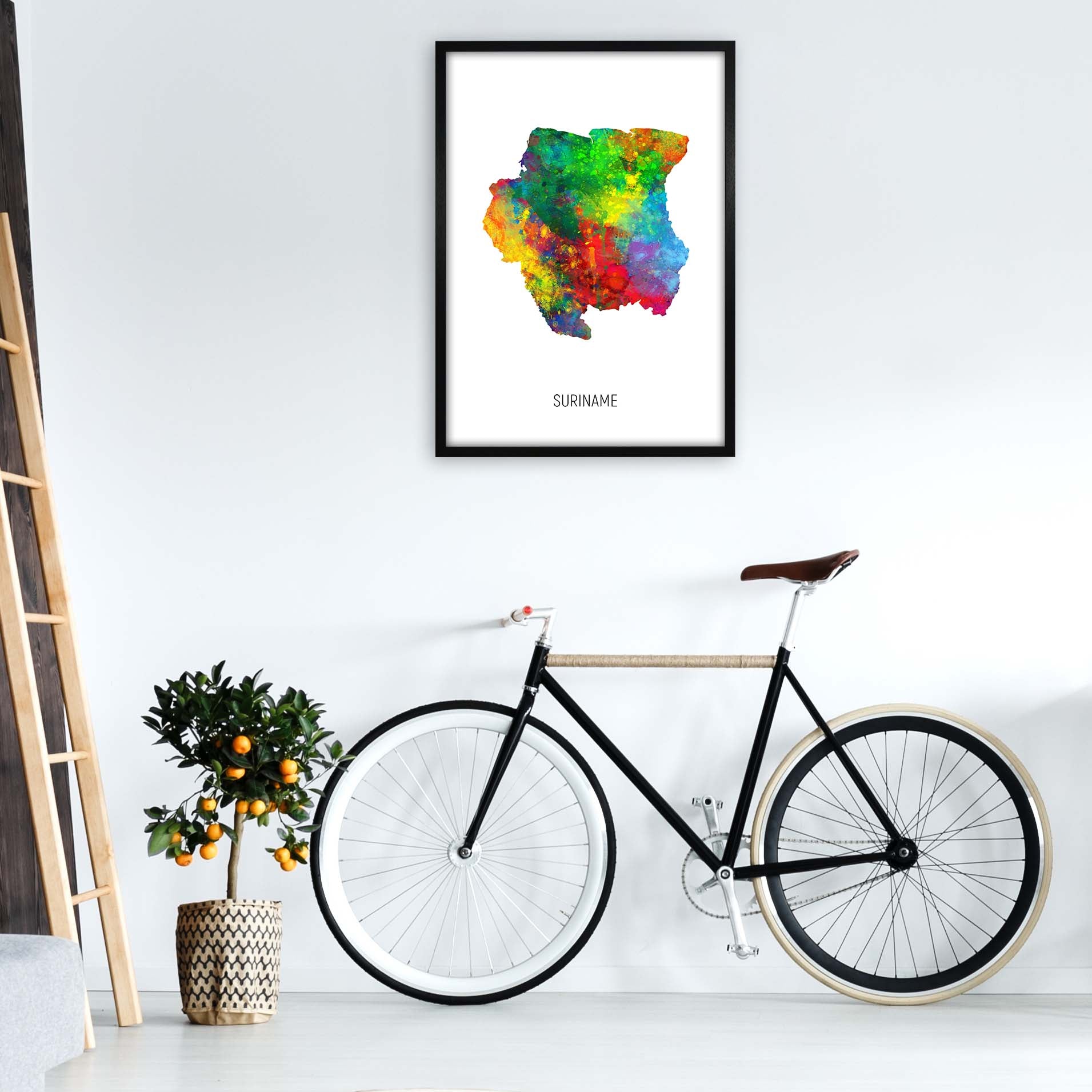 Suriname Watercolour Map Art Print by Michael Tompsett A1 White Frame