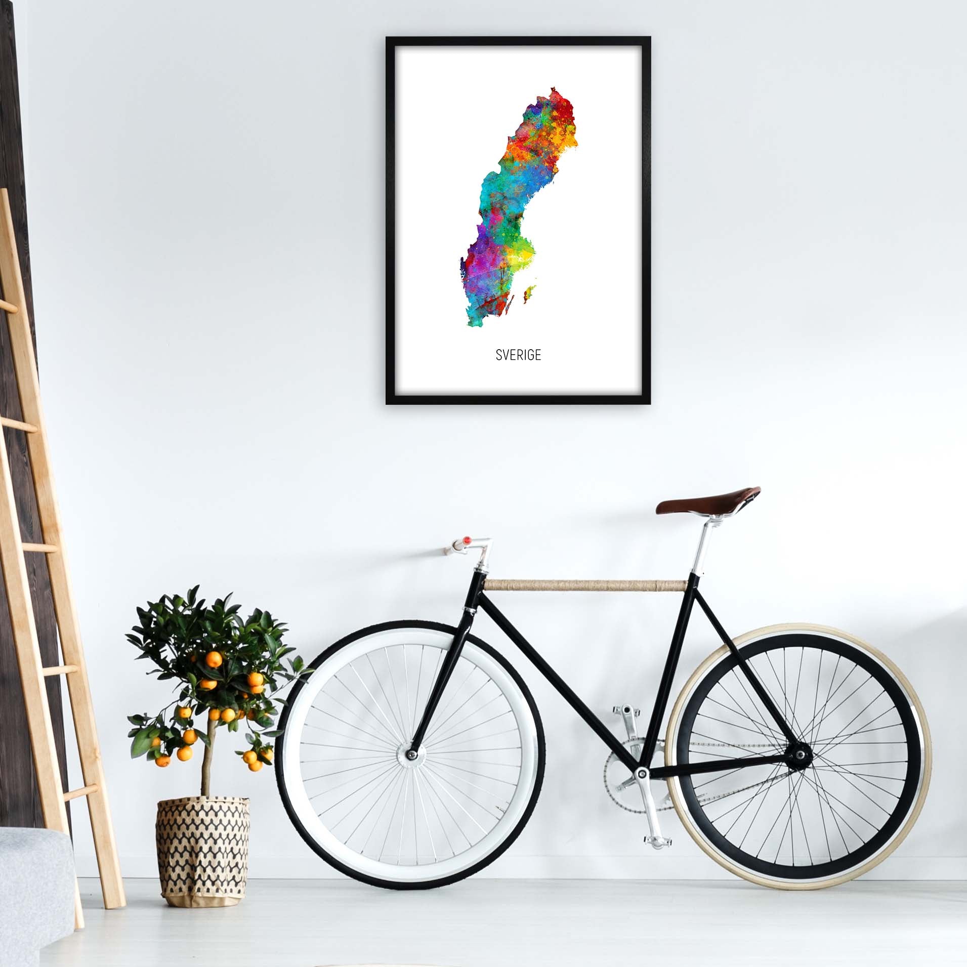 Sverige Watercolour Map Art Print by Michael Tompsett A1 White Frame