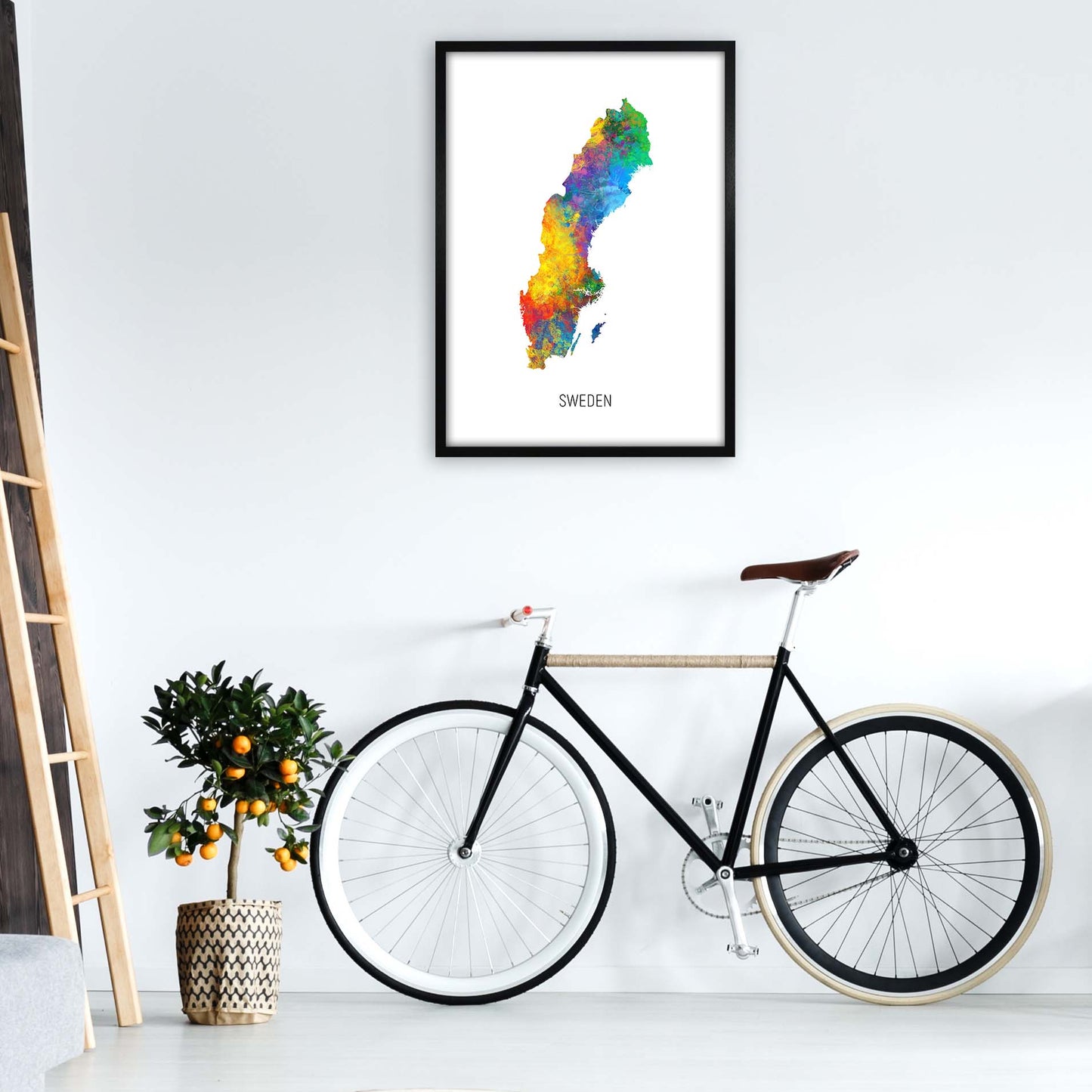 Sweden Watercolour Map Art Print by Michael Tompsett A1 White Frame