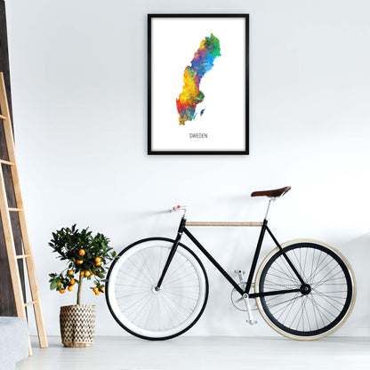 Sweden Watercolour Map Art Print by Michael Tompsett A1 White Frame
