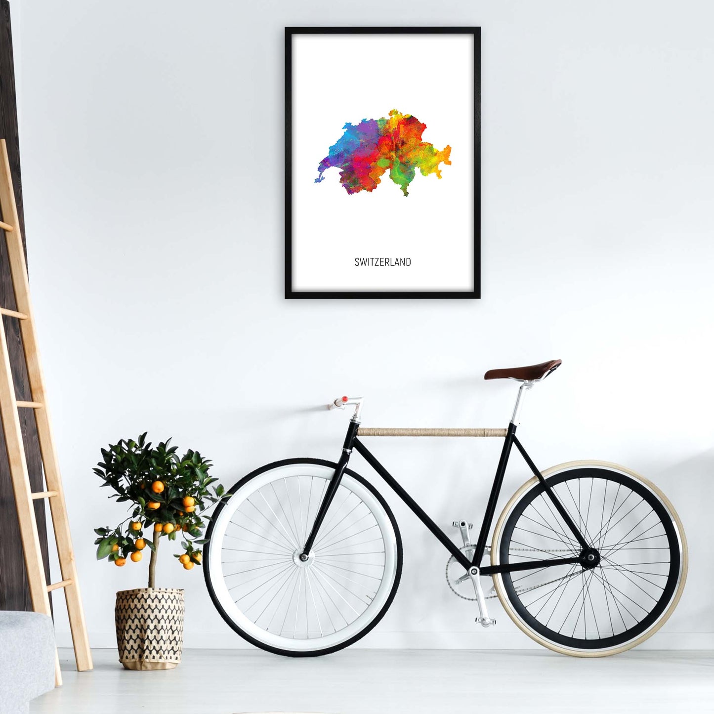 Switzerland Watercolour Map Art Print by Michael Tompsett A1 White Frame