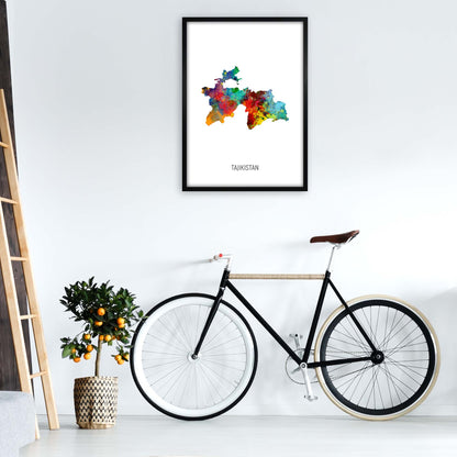 Tajikistan Watercolour Map Art Print by Michael Tompsett A1 White Frame