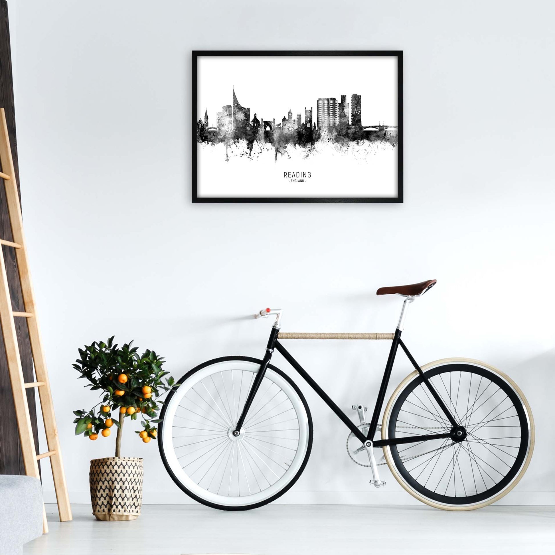 Reading England Skyline Black White City Name  by Michael Tompsett A1 White Frame
