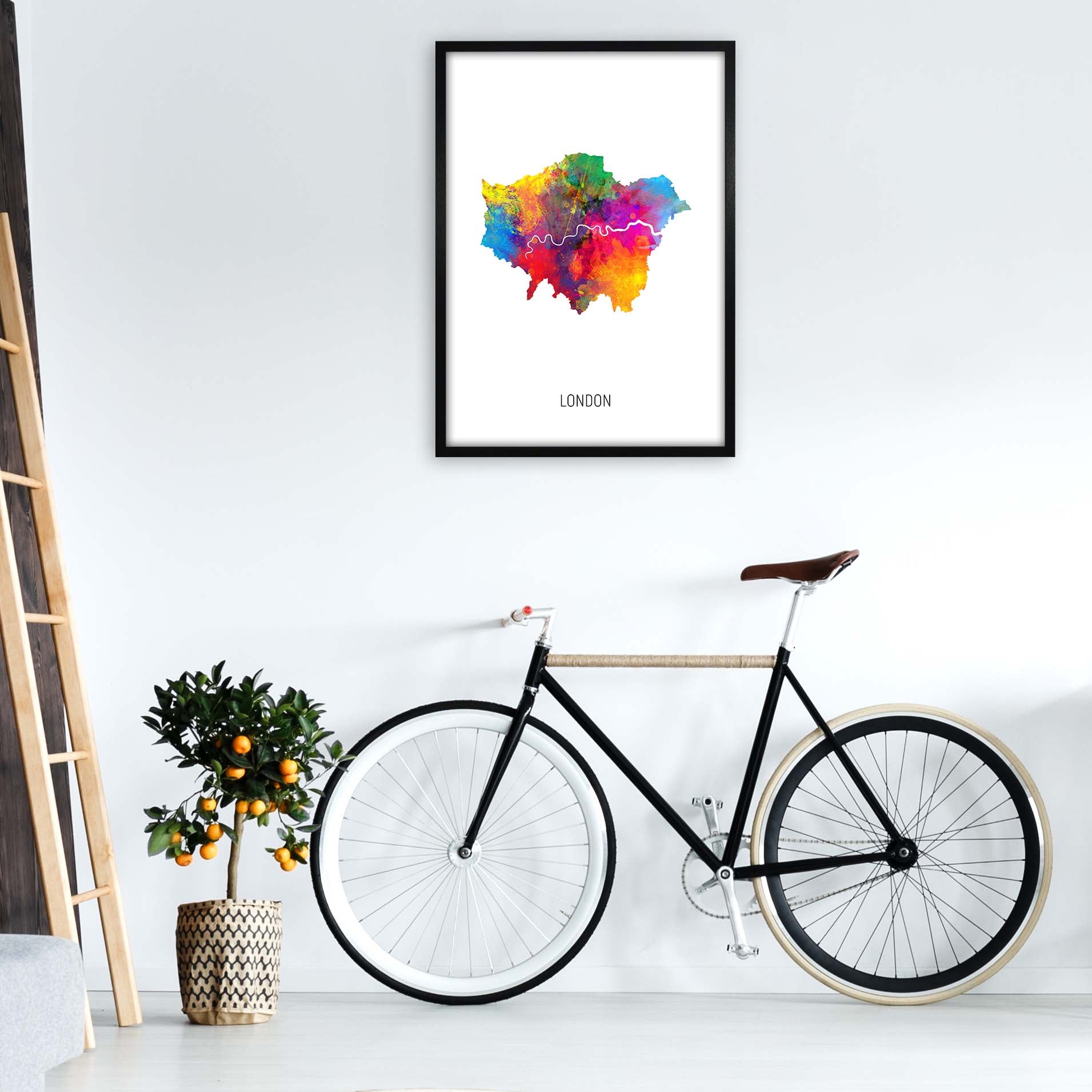 London Watercolour Map Art Print by Michael Tompsett A1 White Frame