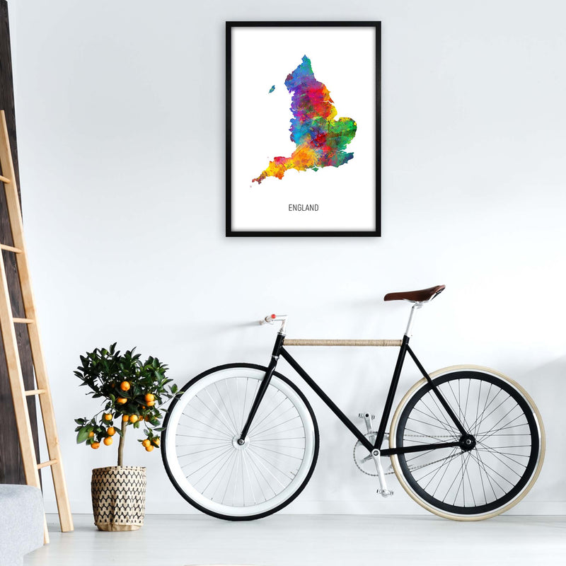 England Watercolour Map Art Print by Michael Tompsett A1 White Frame