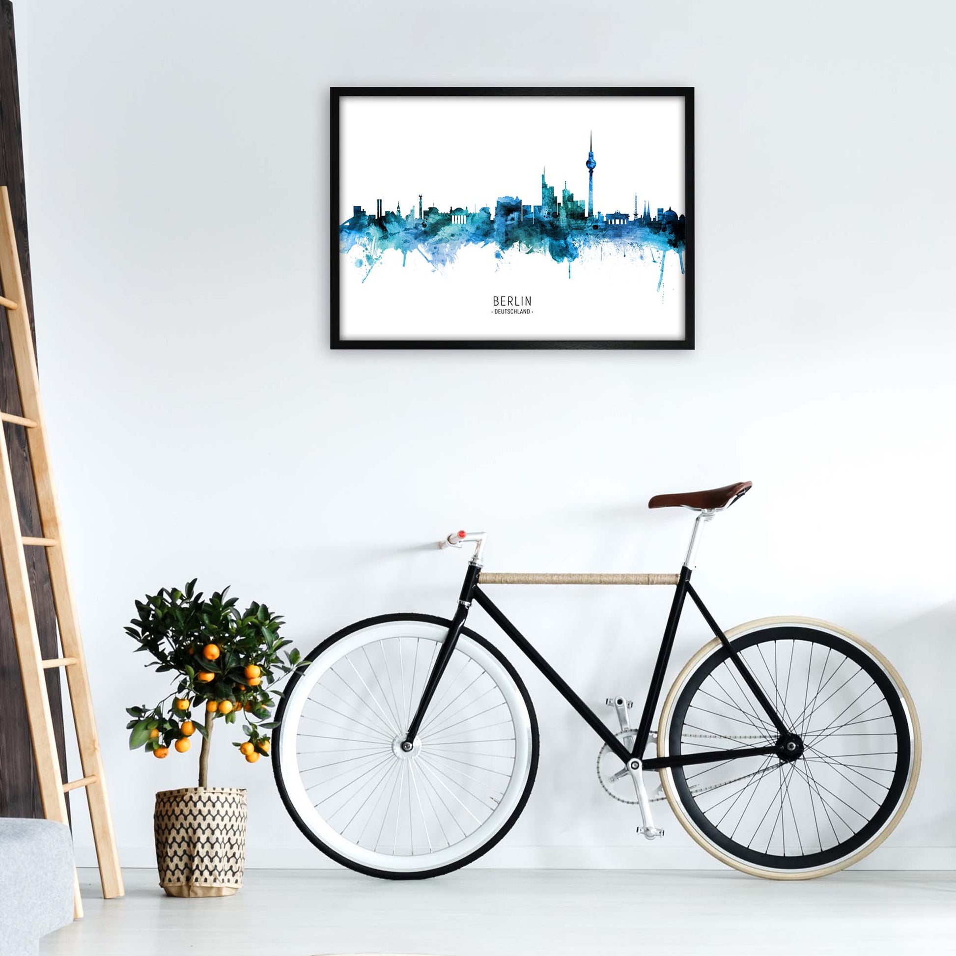 Berlin Deutschland Skyline Blue City Name  by Michael Tompsett A1 White Frame