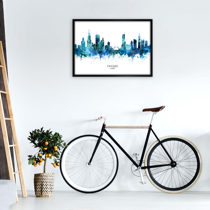 Chicago Illinois Skyline Blue City Name  by Michael Tompsett A1 White Frame