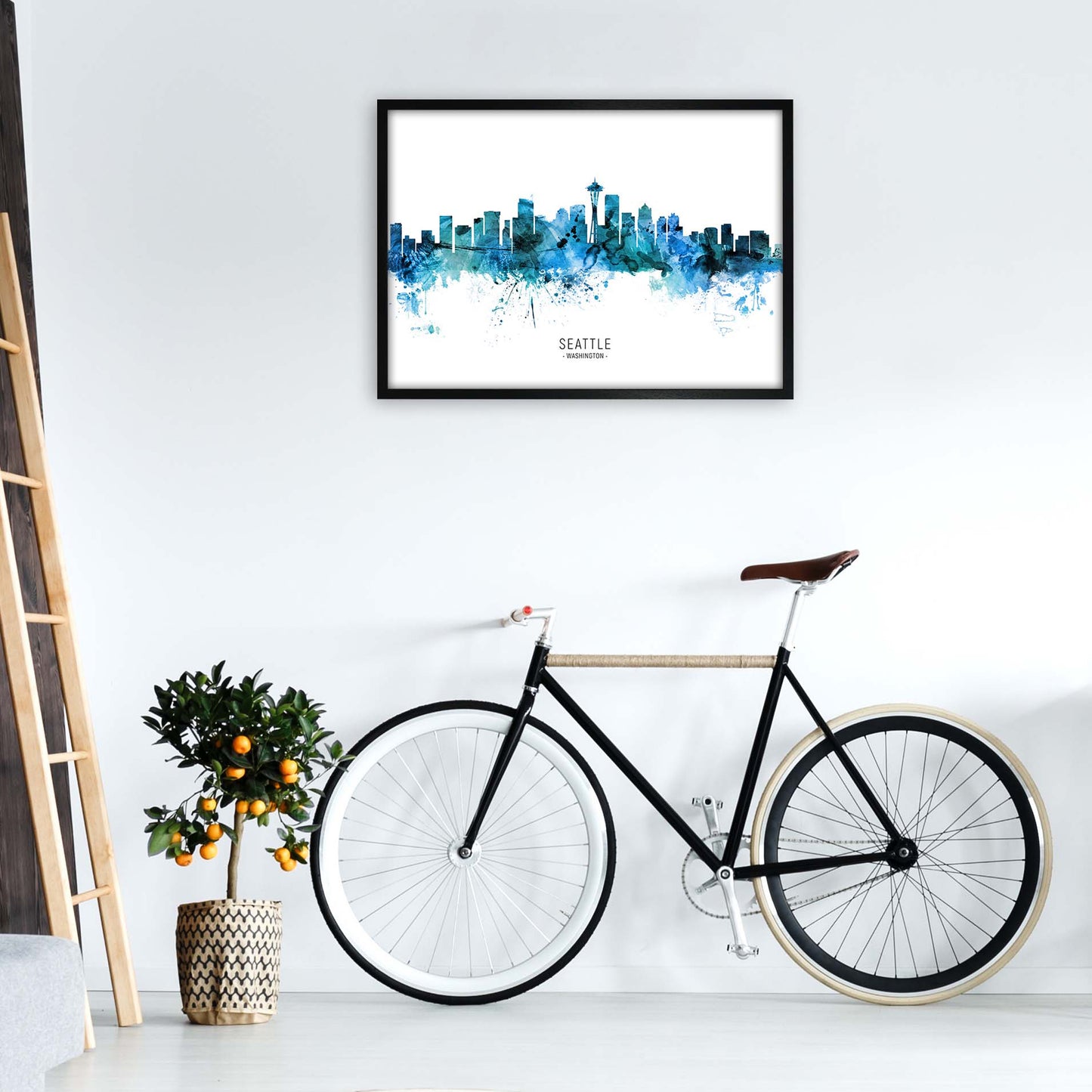 Seattle Washington Skyline Blue City Name  by Michael Tompsett A1 White Frame