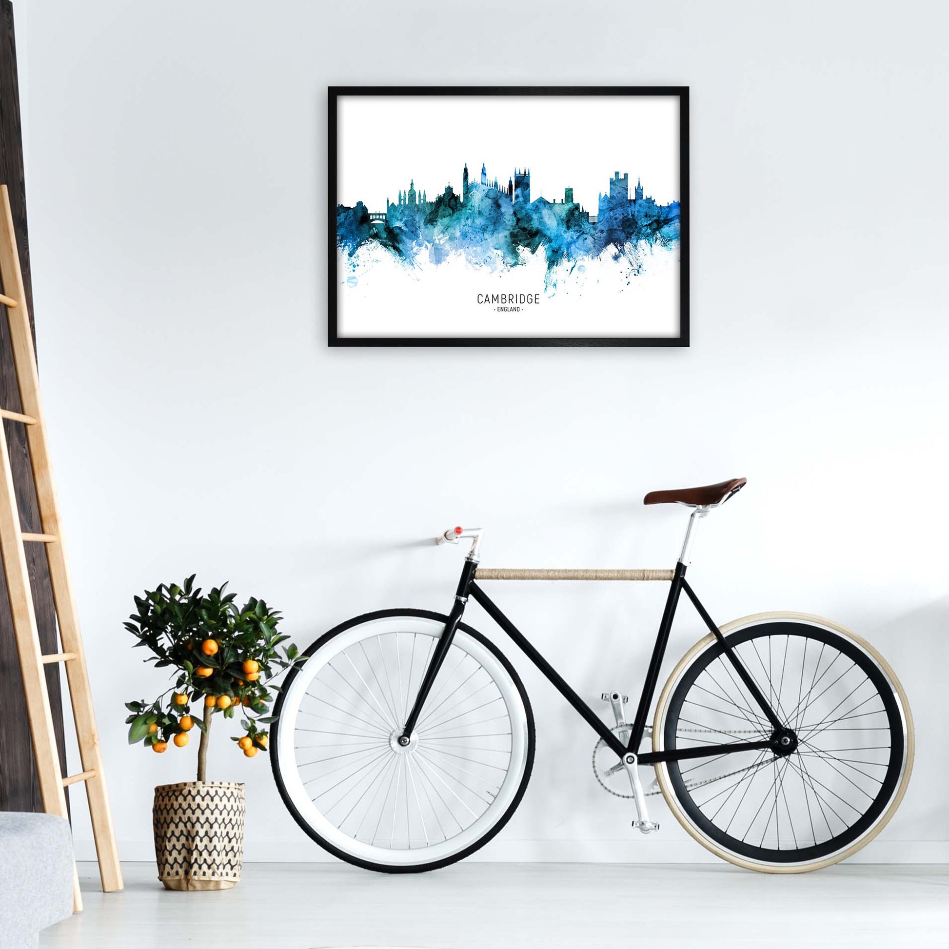 Cambridge England Skyline Blue City Name  by Michael Tompsett A1 White Frame
