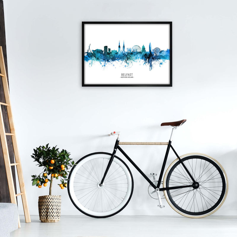 Belfast Northern Ireland Skyline Blue City Name  by Michael Tompsett A1 White Frame