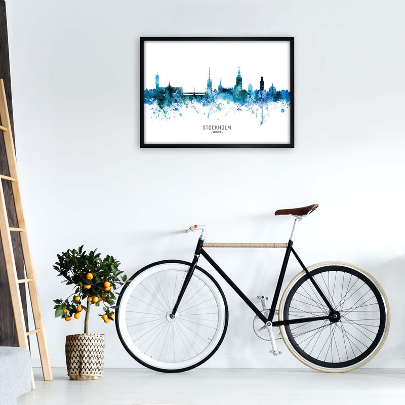 Stockholm Sweden Skyline Blue City Name  by Michael Tompsett A1 White Frame