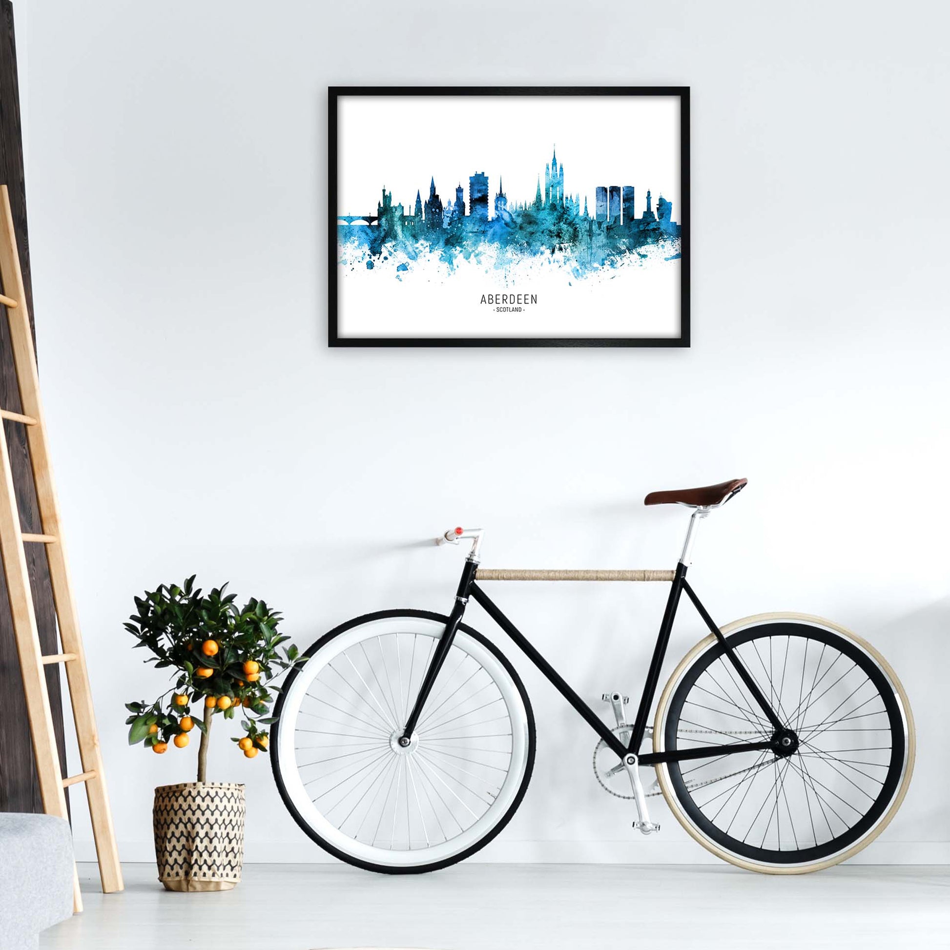Aberdeen Scotland Skyline Blue City Name  by Michael Tompsett A1 White Frame