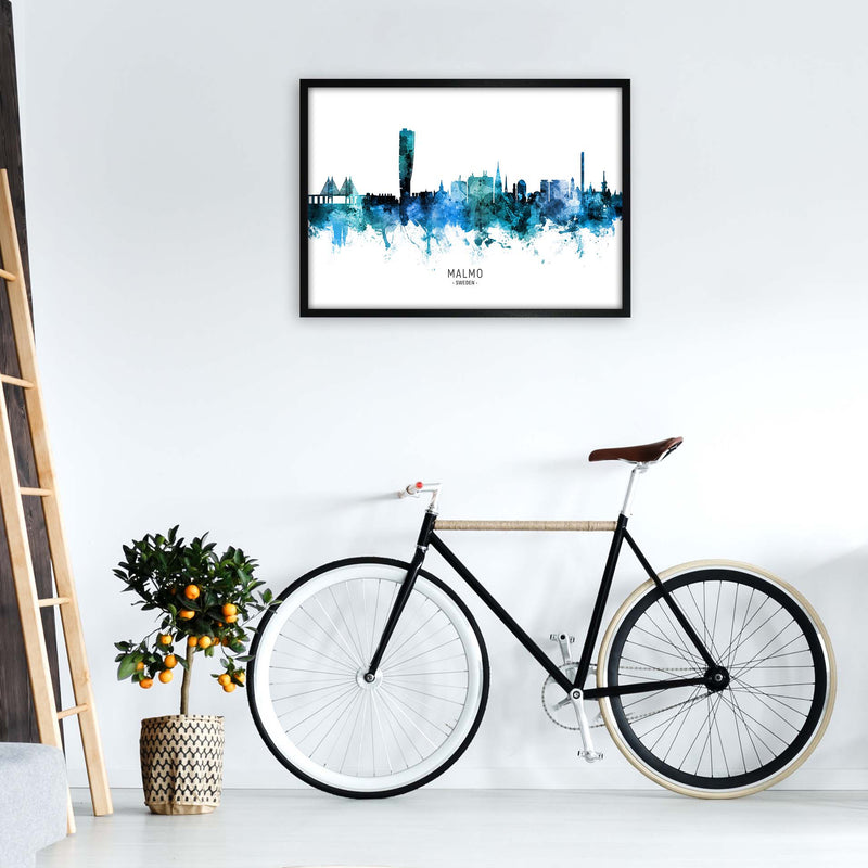 Malmo Sweden Skyline Blue City Name Print by Michael Tompsett A1 White Frame