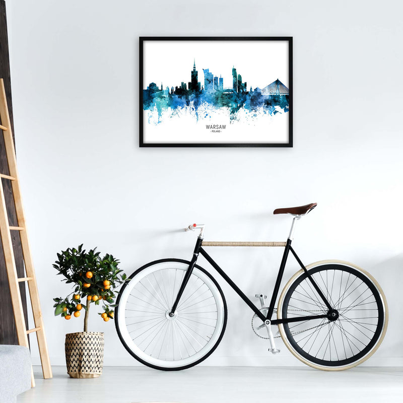Warsaw Poland Skyline Blue City Name  by Michael Tompsett A1 White Frame