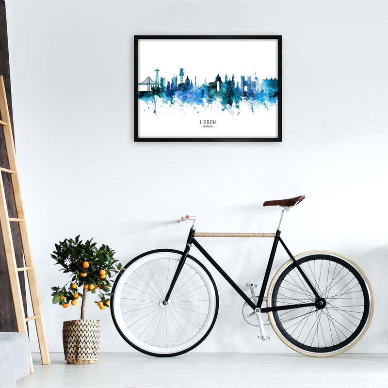 Lisbon Portugal Skyline Blue City Name  by Michael Tompsett A1 White Frame