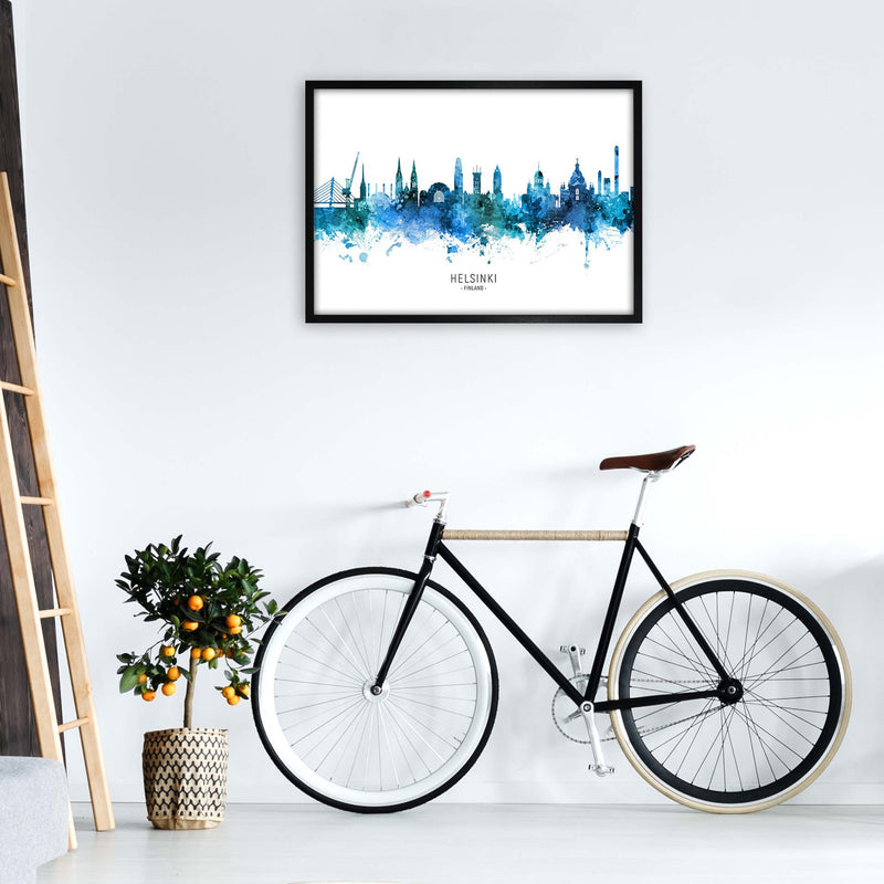 Helsinki Finland Skyline Blue City Name  by Michael Tompsett A1 White Frame