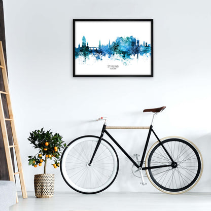 Stirling Scotland Skyline Blue City Name  by Michael Tompsett A1 White Frame