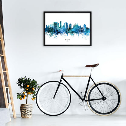 Milan Italy Skyline Blue City Name Print by Michael Tompsett A1 White Frame