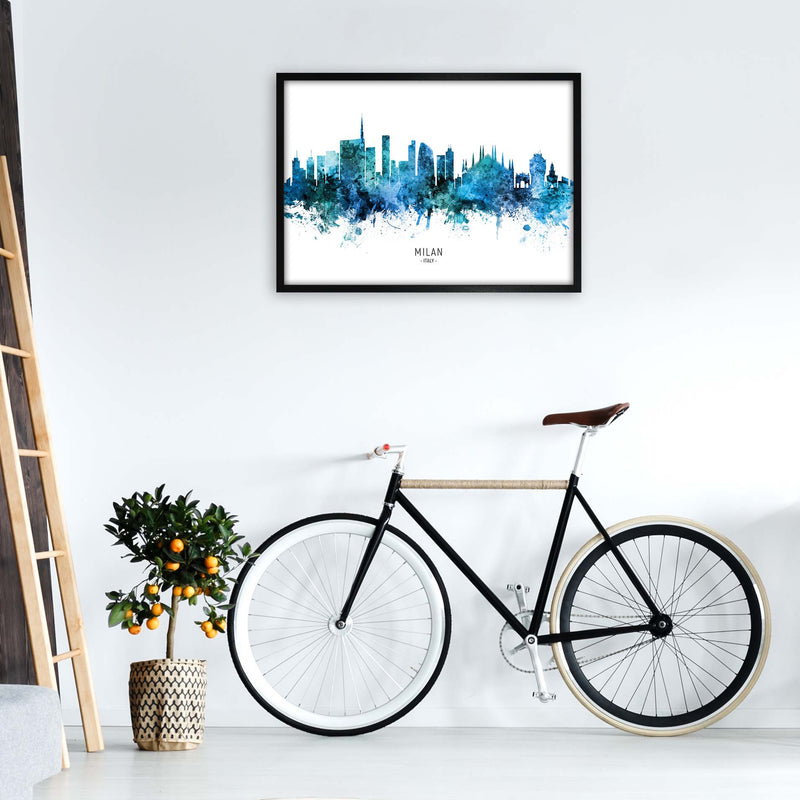Milan Italy Skyline Blue City Name Print by Michael Tompsett A1 White Frame