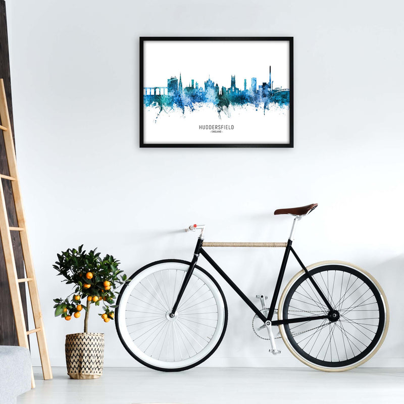 Huddersfield England Skyline Blue City Name  by Michael Tompsett A1 White Frame