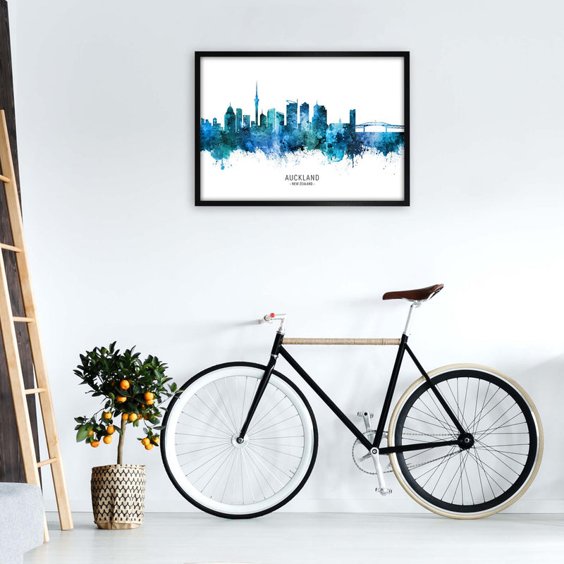 Auckland New Zealand Skyline Blue City Name  by Michael Tompsett A1 White Frame