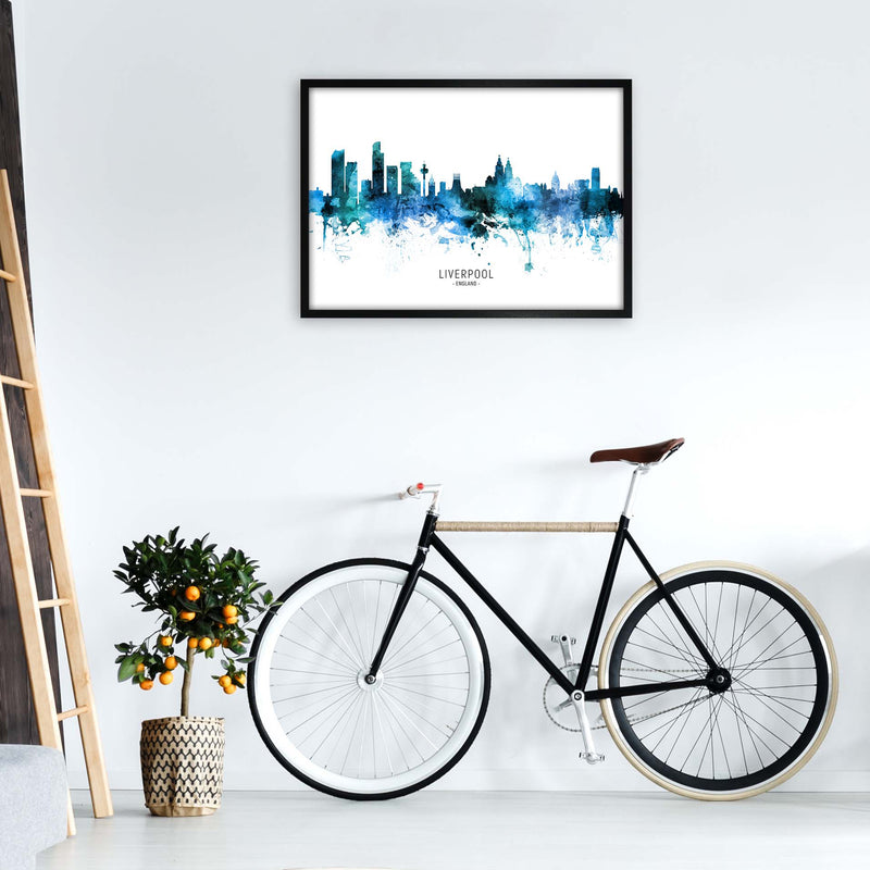 Liverpool England Skyline Blue City Name  by Michael Tompsett A1 White Frame