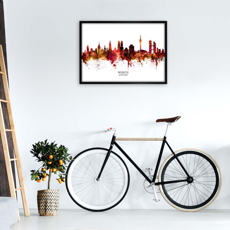 Munich Deutschland Skyline Red City Name  by Michael Tompsett A1 White Frame