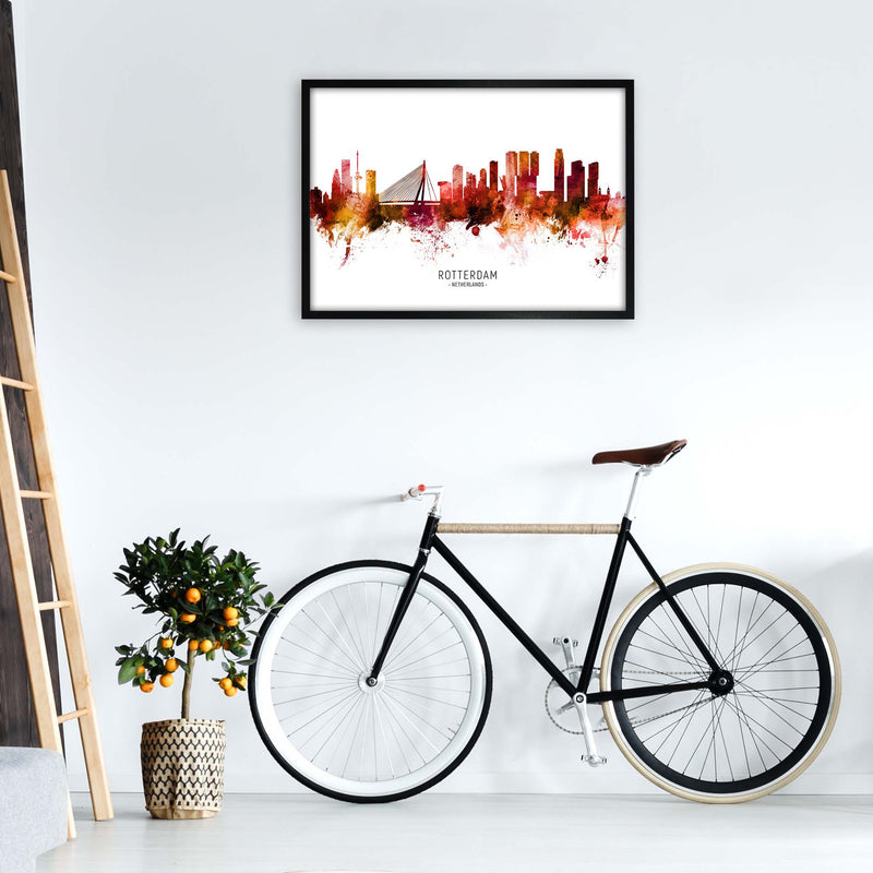 Rotterdam Netherlands Skyline Red City Name  by Michael Tompsett A1 White Frame