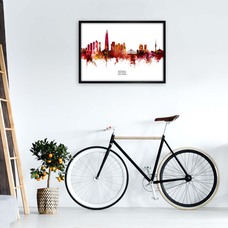Seoul South Korea Skyline Red City Name  by Michael Tompsett A1 White Frame