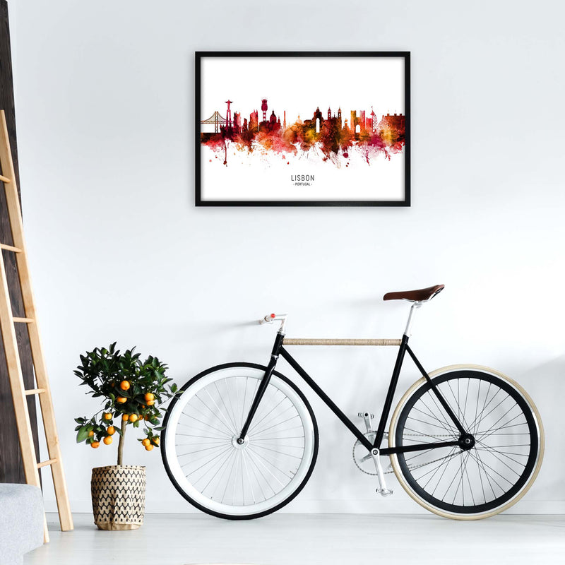 Lisbon Portugal Skyline Red City Name  by Michael Tompsett A1 White Frame