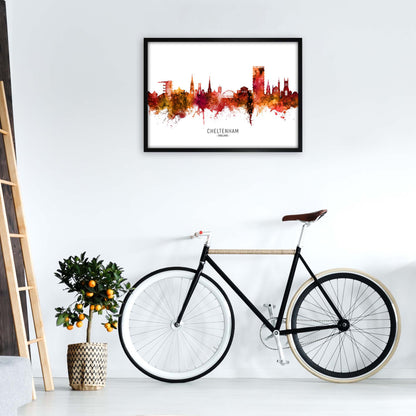 Cheltenham England Skyline Red City Name  by Michael Tompsett A1 White Frame