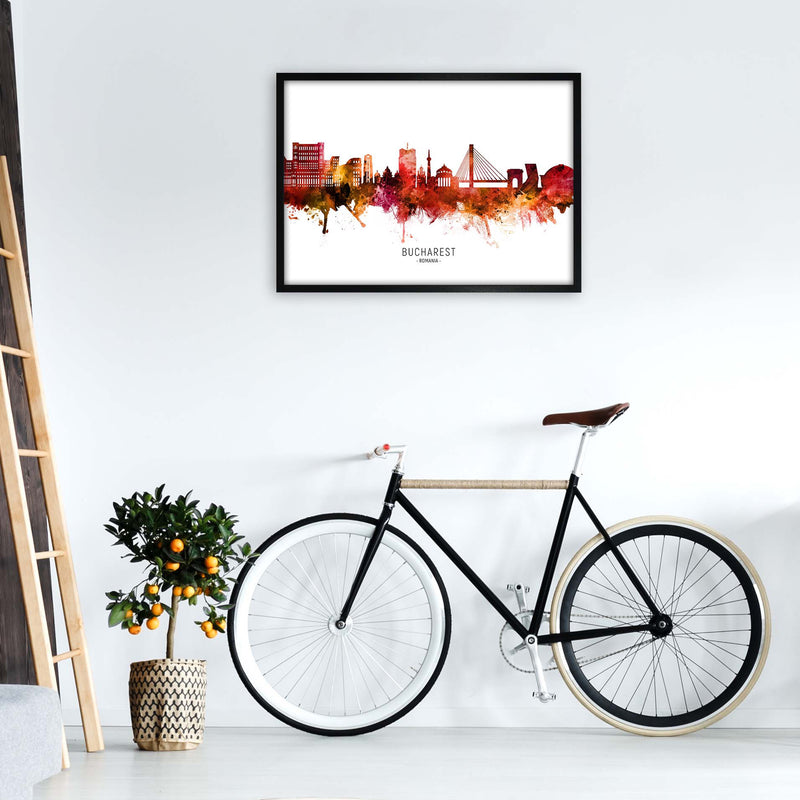 Bucharest Romania Skyline Red City Name  by Michael Tompsett A1 White Frame