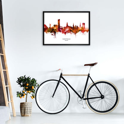 Sheffield England Skyline Red City Name  by Michael Tompsett A1 White Frame