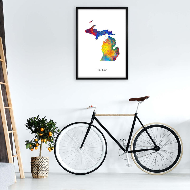 Michigan Watercolour Map Art Print by Michael Tompsett A1 White Frame