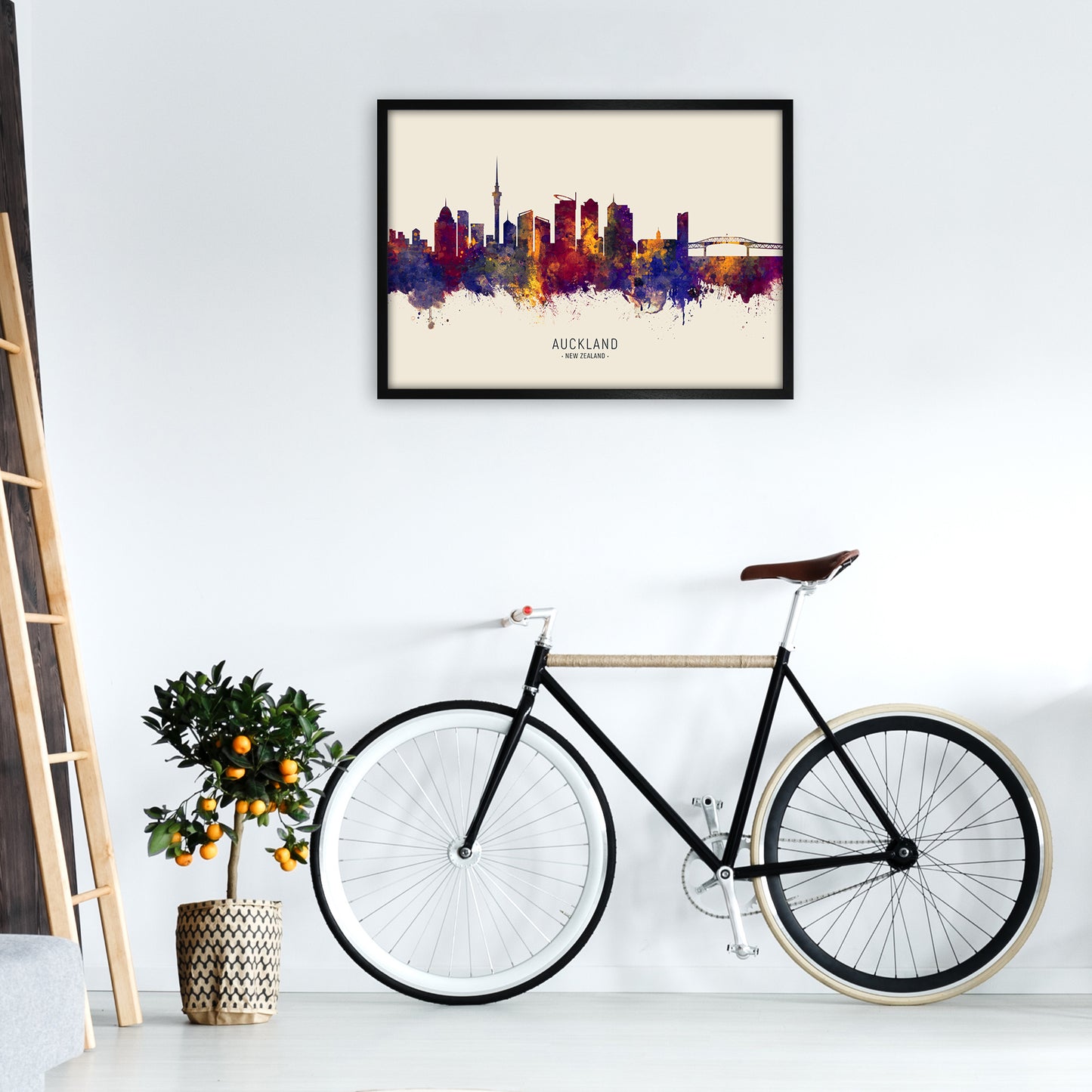 Auckland New Zealand Skyline Autumn City Name Art Print by Michael Tompsett A1 White Frame