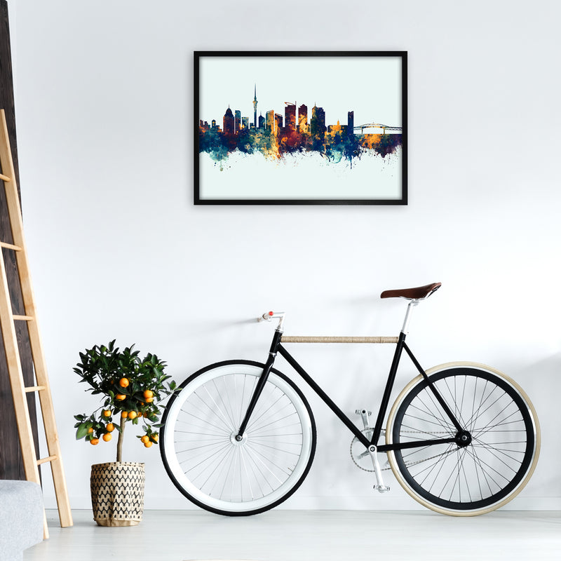 Auckland New Zealand Skyline Blue Orange Art Print by Michael Tompsett A1 White Frame