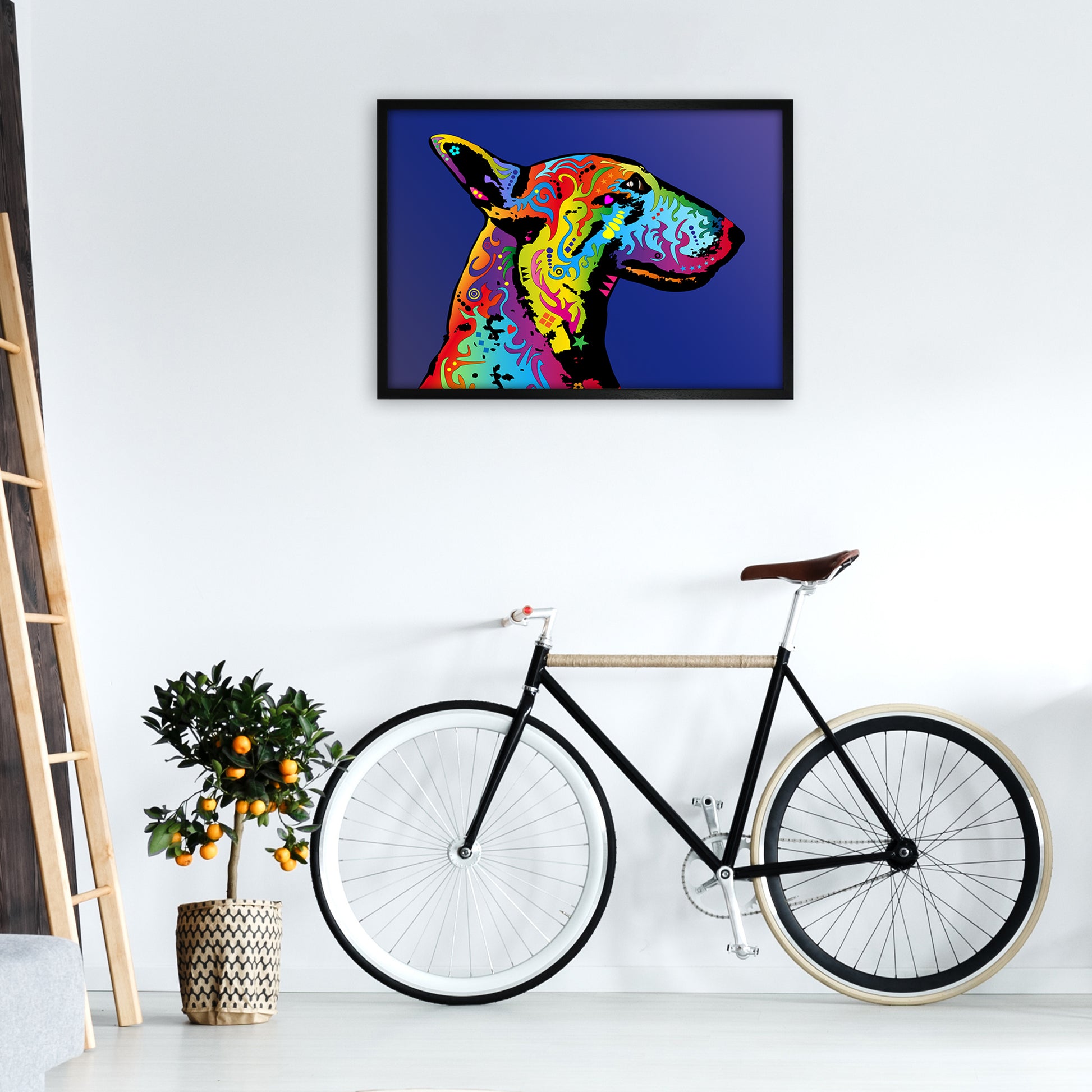 English Bull Terrier Dog Blue Art Print by Michael Tompsett A1 White Frame