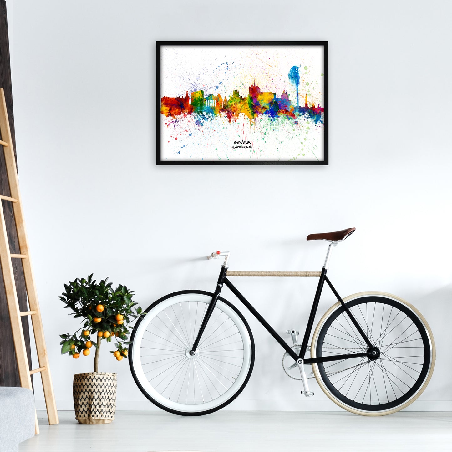 Geneva Switzerland Skyline Splash Art Print by Michael Tompsett A1 White Frame