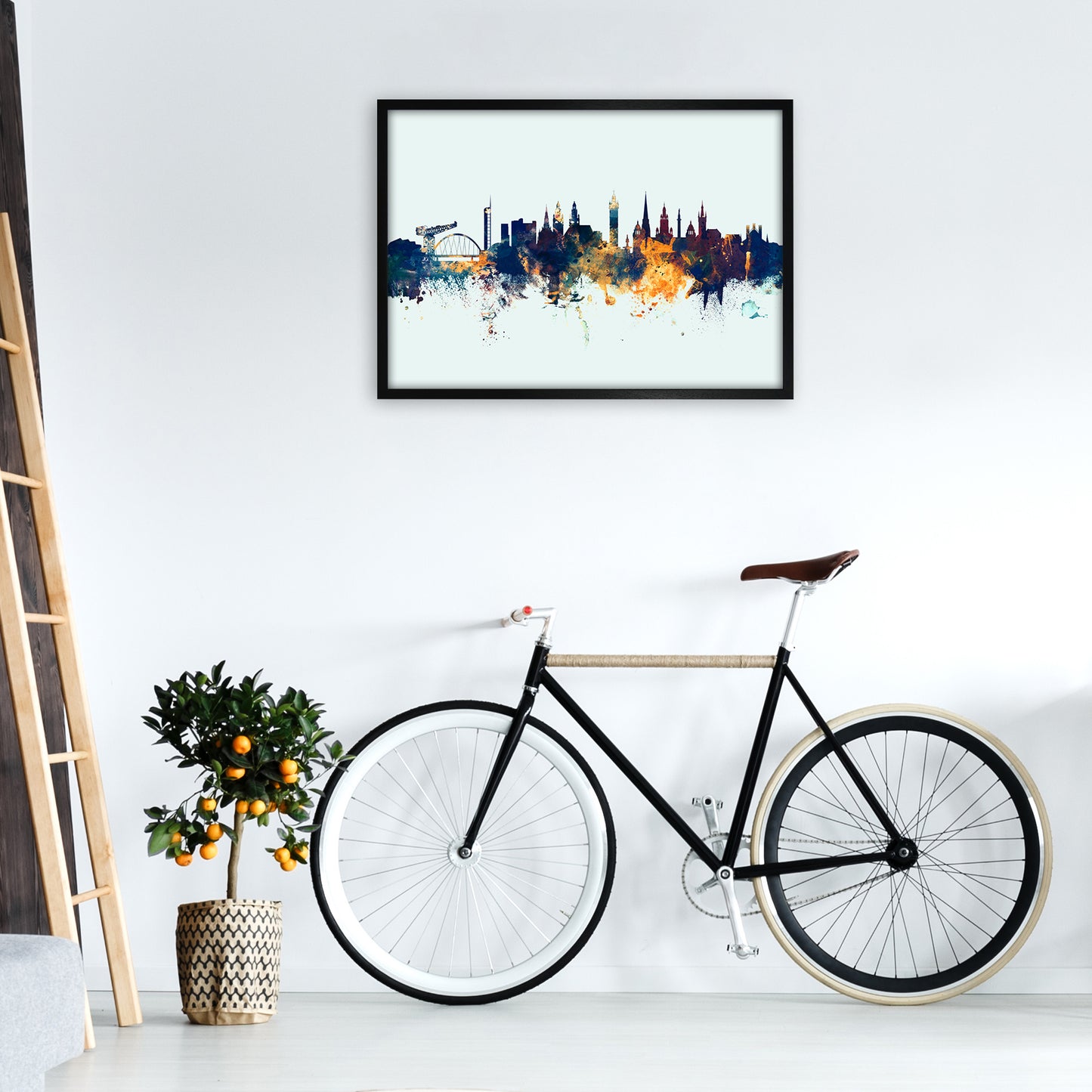 Glasgow Scotland Skyline Blue Orange Art Print by Michael Tompsett A1 White Frame