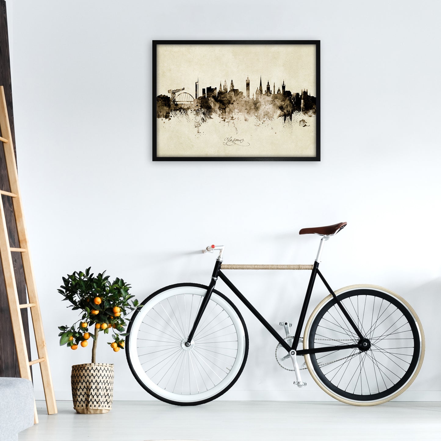 Glasgow Scotland Skyline Vintage Art Print by Michael Tompsett A1 White Frame