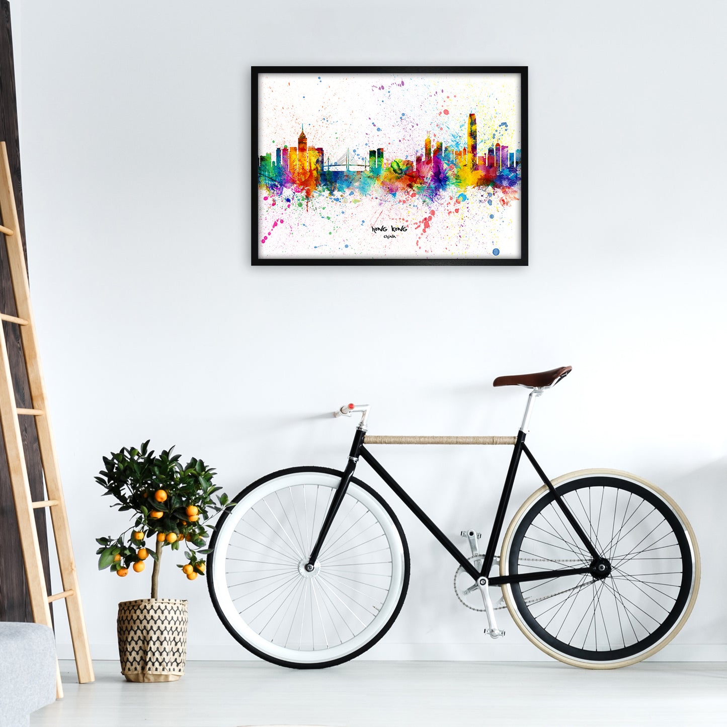 Hong Kong China Skyline Splash Art Print by Michael Tompsett A1 White Frame