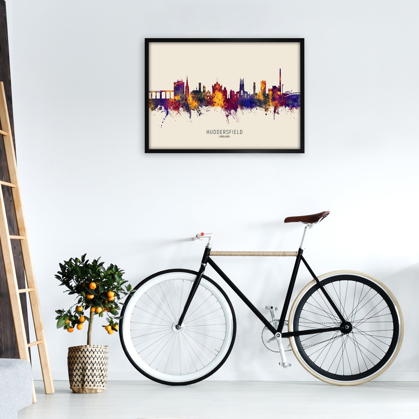 Huddersfield England Skyline Autumn City Name Art Print by Michael Tompsett A1 White Frame