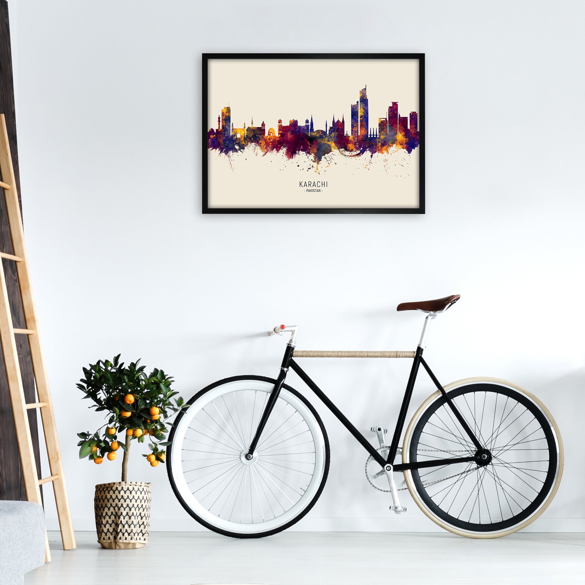 Karachi Pakistan Skyline Autumn City Name Art Print by Michael Tompsett A1 White Frame