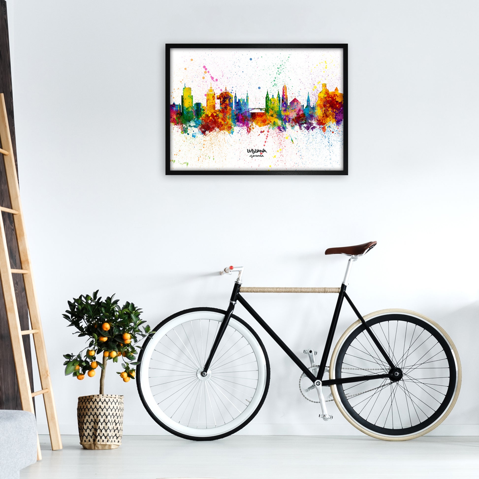 Ljubljana Slovenia Skyline Splash Art Print by Michael Tompsett A1 White Frame