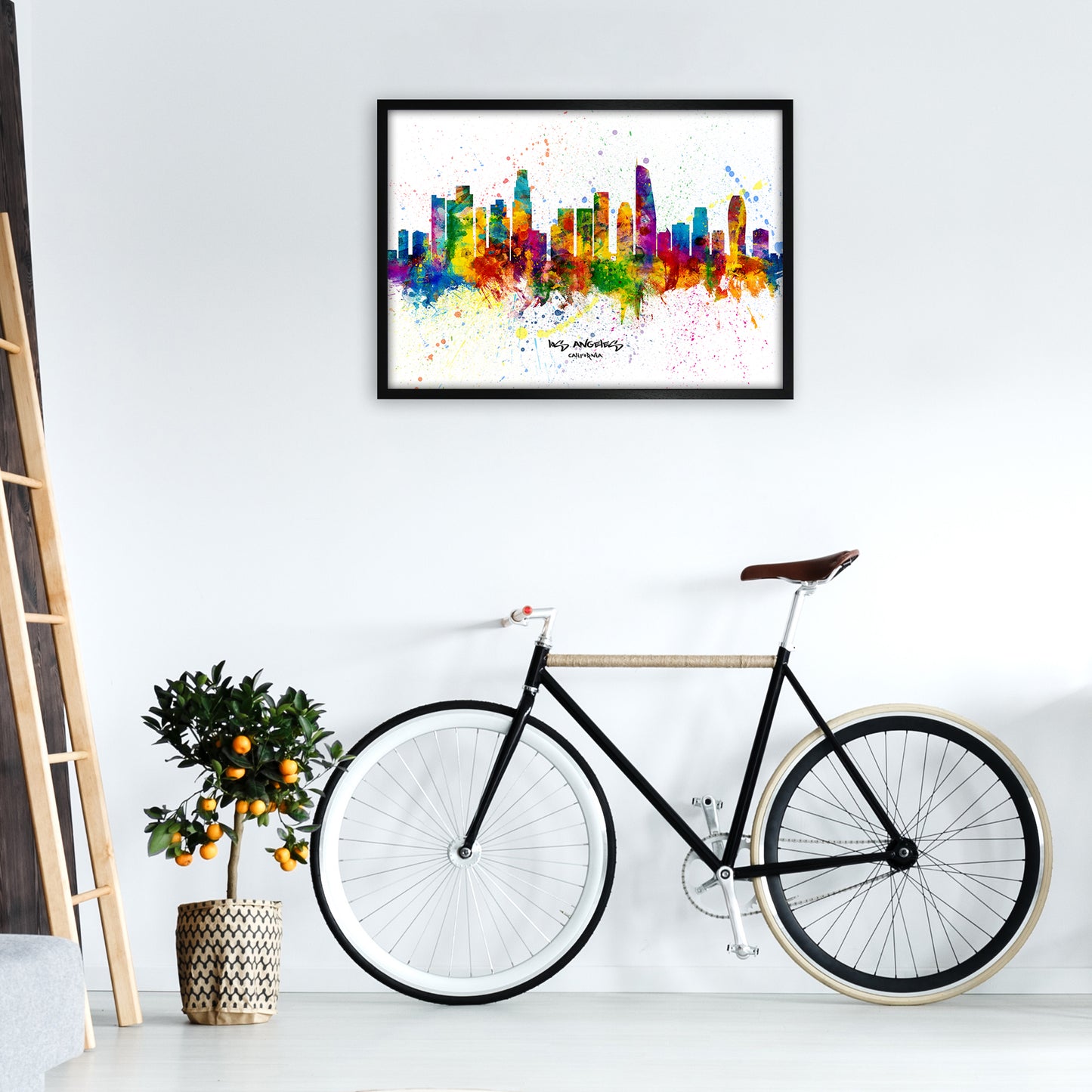 Los Angeles California Skyline Splash Art Print by Michael Tompsett A1 White Frame