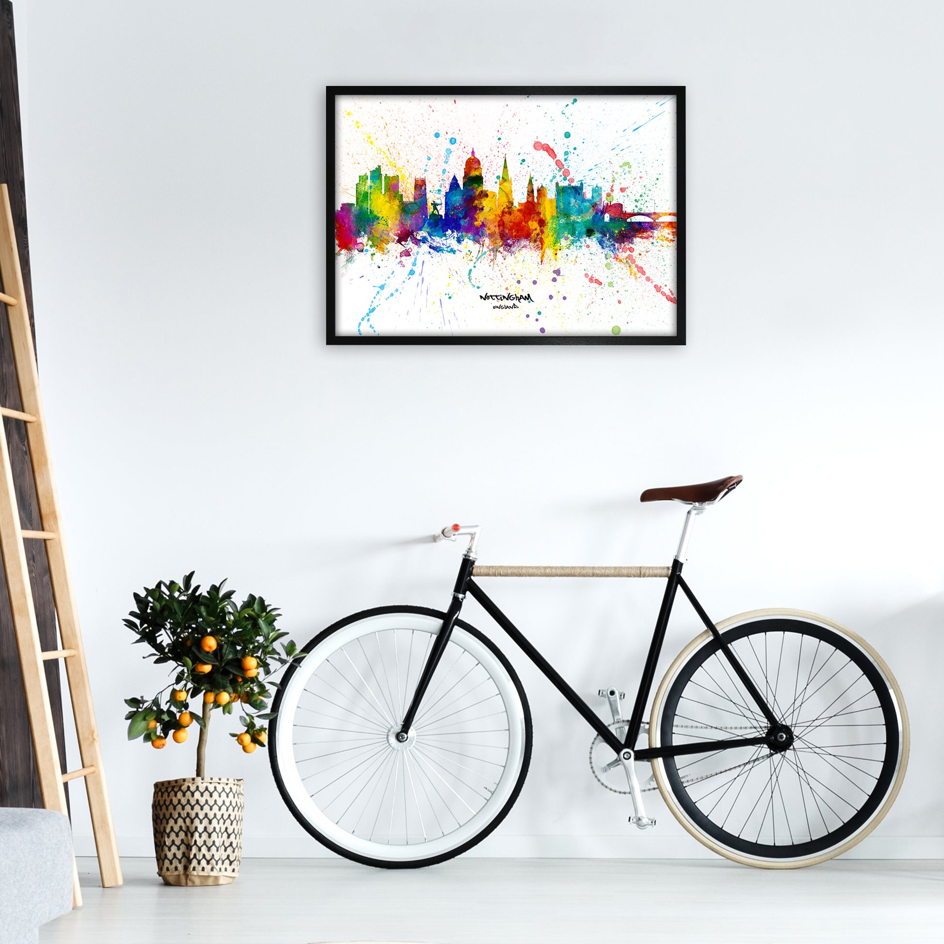 Nottingham England Skyline Splash Art Print by Michael Tompsett A1 White Frame