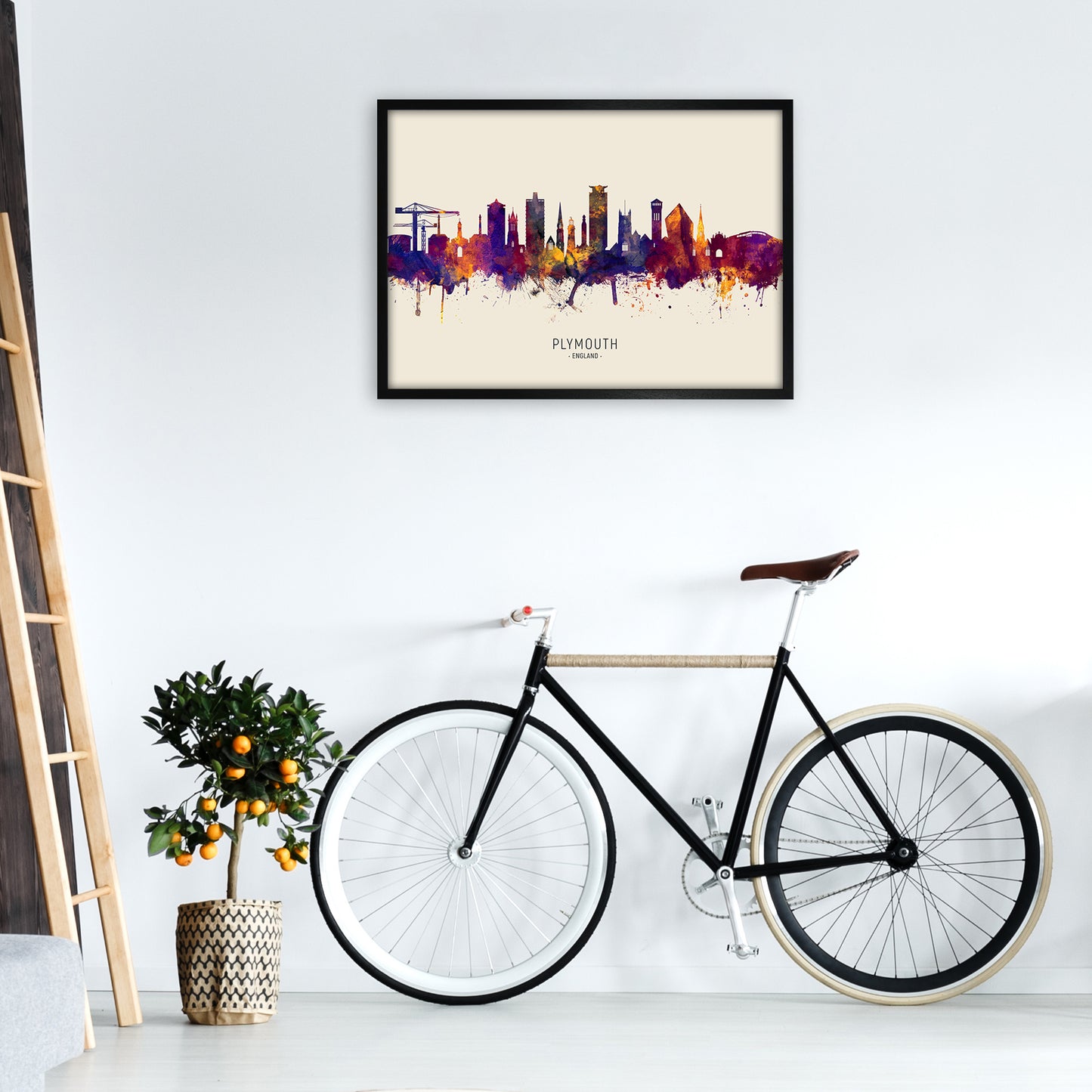 Plymouth England Skyline Autumn City Name Art Print by Michael Tompsett A1 White Frame