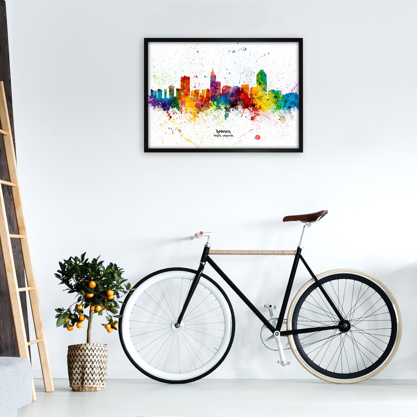 Raleigh North Carolina Skyline Splash Art Print by Michael Tompsett A1 White Frame